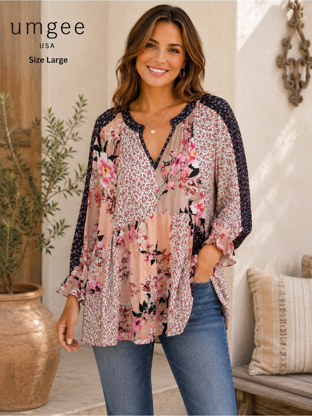 Umgee Pink Floral Patchwork Tunic size large boho chic girly like new condition